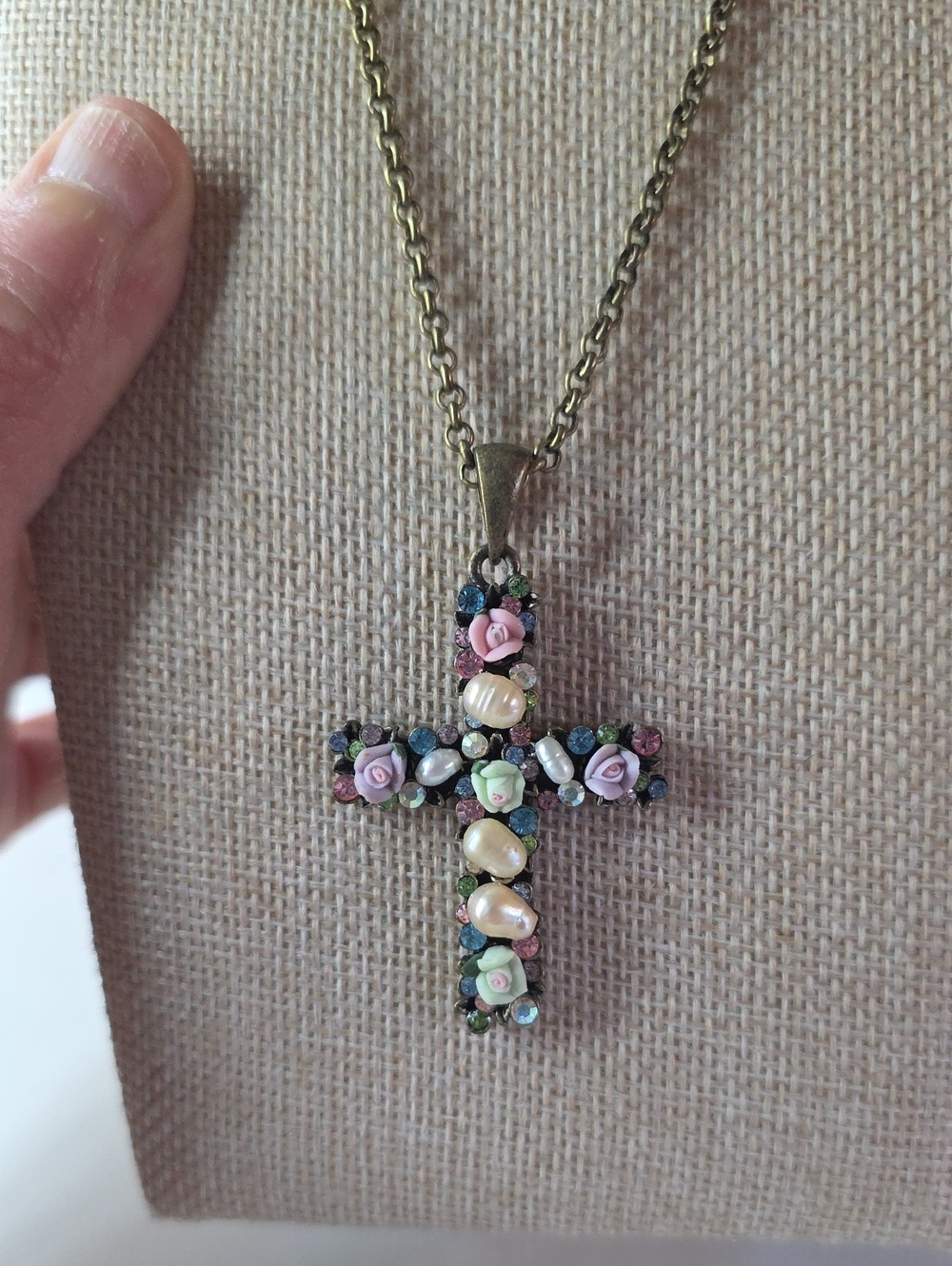 Vintage Cookie Lee Floral Rhinestone Pearl Cross Pendant Necklace 31" - Picture 1 of 4